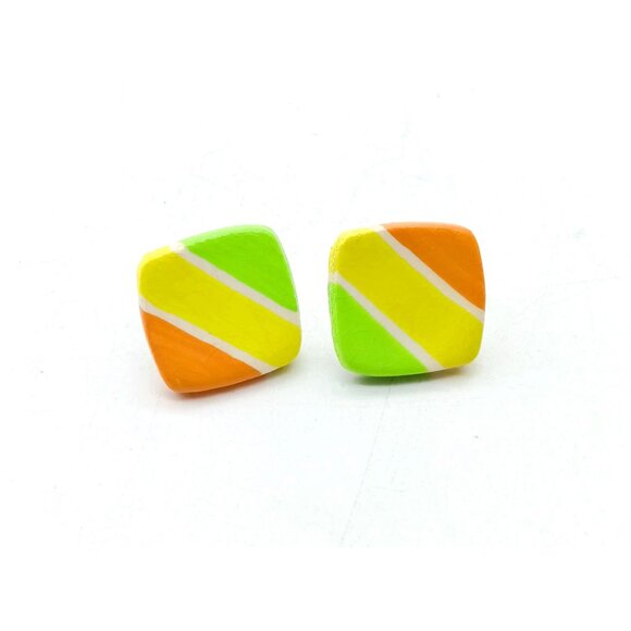 Vintage Square Sherbet Striped Earrings, Summer Studs - Picture 2 of 4
